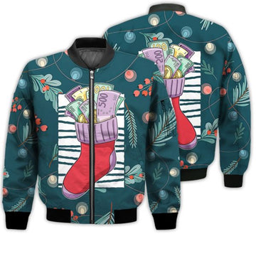 FUNSTUFFPRINTI Merry Christmas Money Christmas Sock Retro Christmas Holiday Gifts Unisex 3D Bomber Bomber Jacket