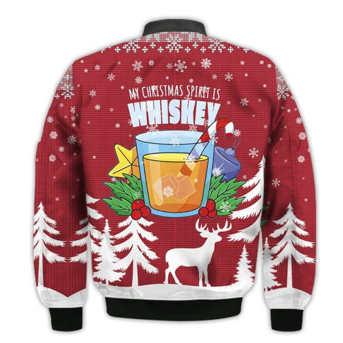 FUNSTUFFPRINTI Merry Christmas My Christmas Spirit Is Whiskey Retro Christmas Holiday Gifts Unisex 3D Bomber Bomber Jacket