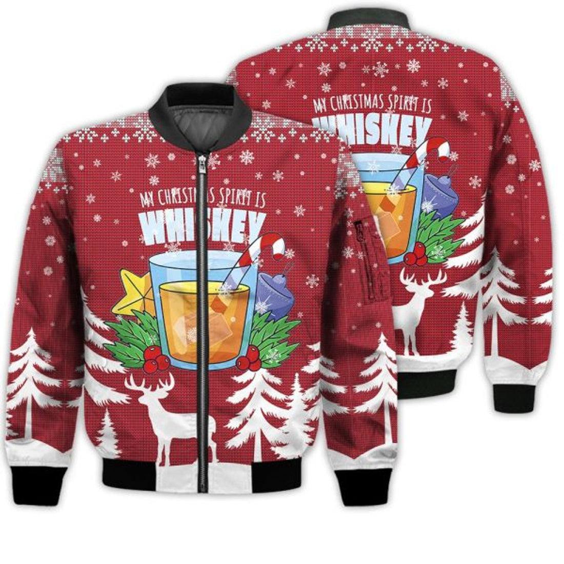 FUNSTUFFPRINTI Merry Christmas My Christmas Spirit Is Whiskey Retro Christmas Holiday Gifts Unisex 3D Bomber Bomber Jacket