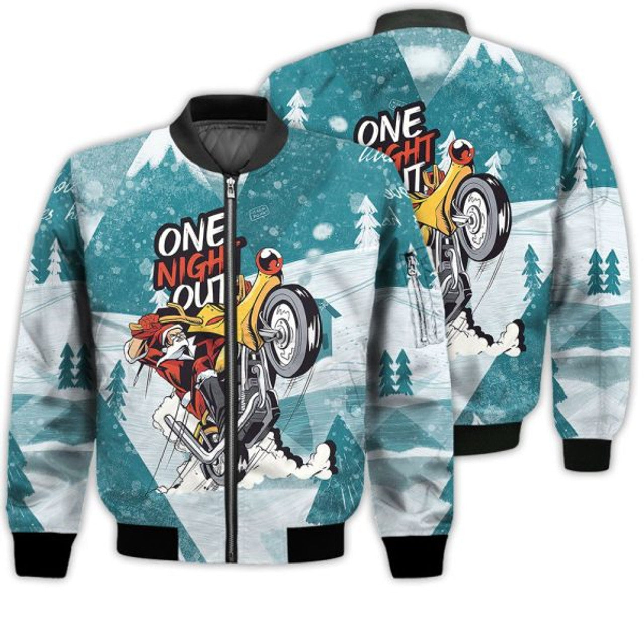 FUNSTUFFPRINTI Merry Christmas One Night Out Santa Motorbike Retro Christmas Holiday Gifts Unisex 3D Bomber Bomber Jacket