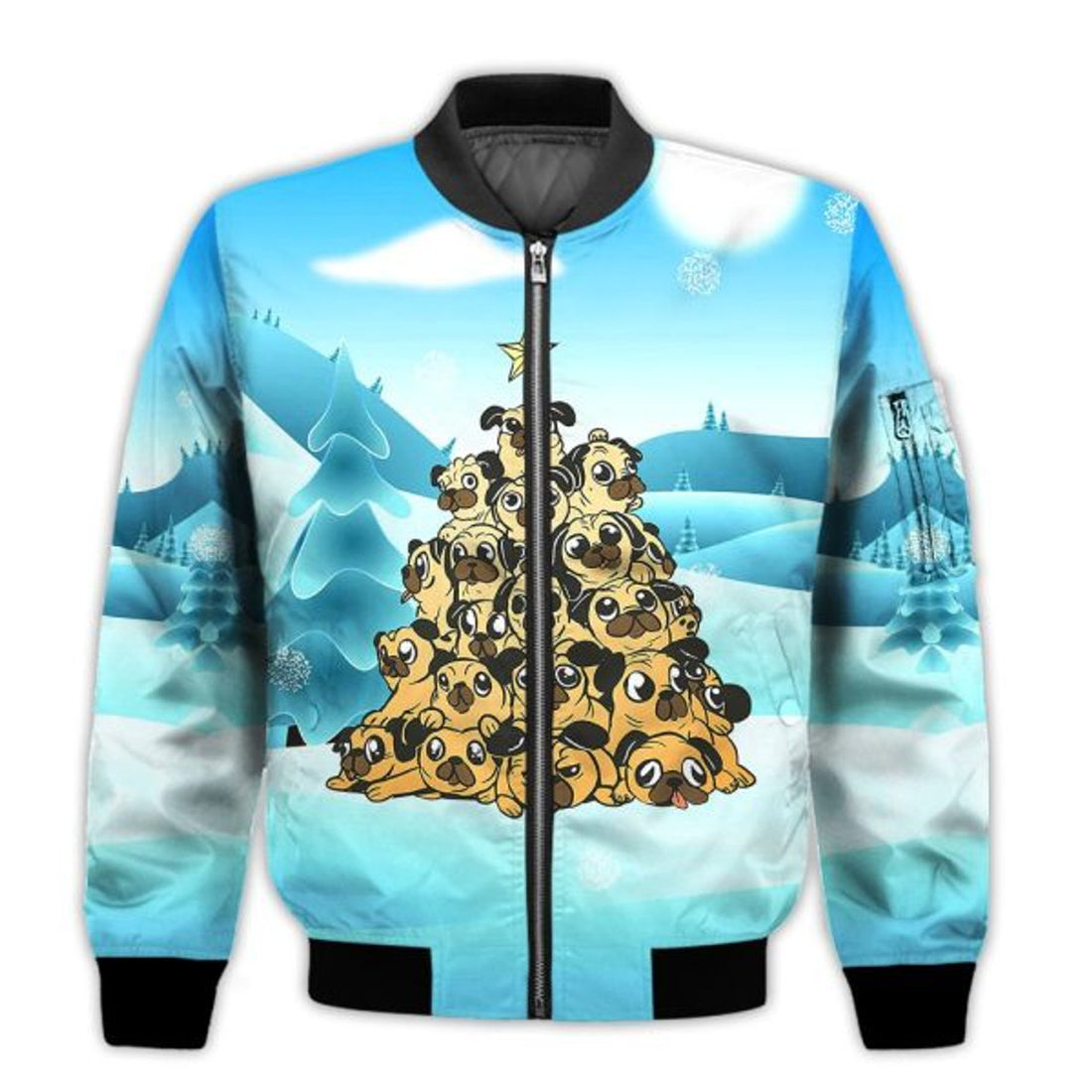 FUNSTUFFPRINTI Merry Christmas Pug Dogs Christmas Tree Retro Christmas Holiday Gifts Unisex 3D Bomber Bomber Jacket