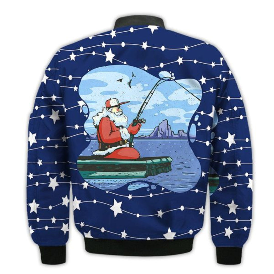 FUNSTUFFPRINTI Merry Christmas Santa Claus Fishing On Lake Retro Christmas Holiday Gifts Unisex 3D Bomber Jacket
