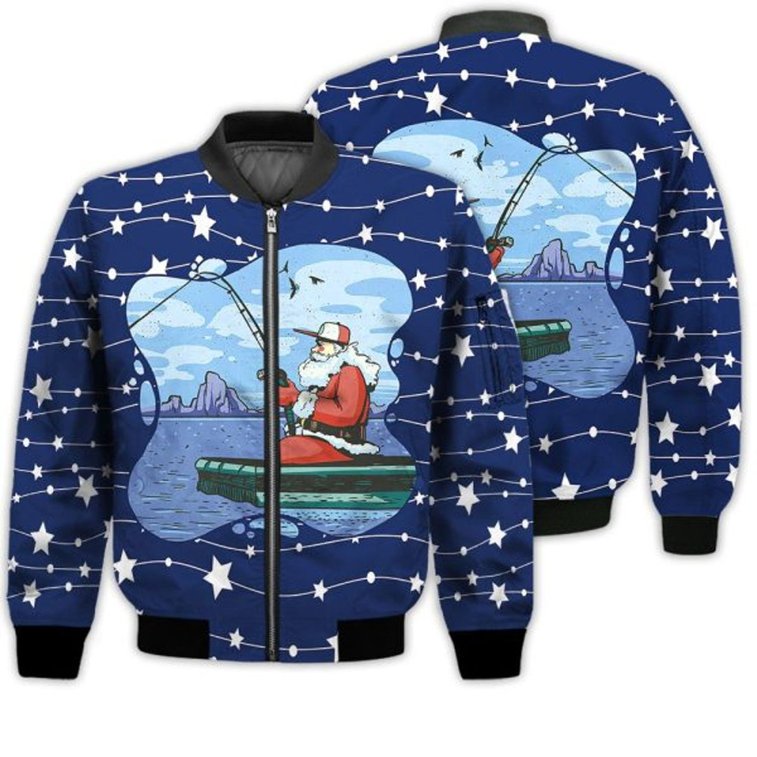 FUNSTUFFPRINTI Merry Christmas Santa Claus Fishing On Lake Retro Christmas Holiday Gifts Unisex 3D Bomber Jacket