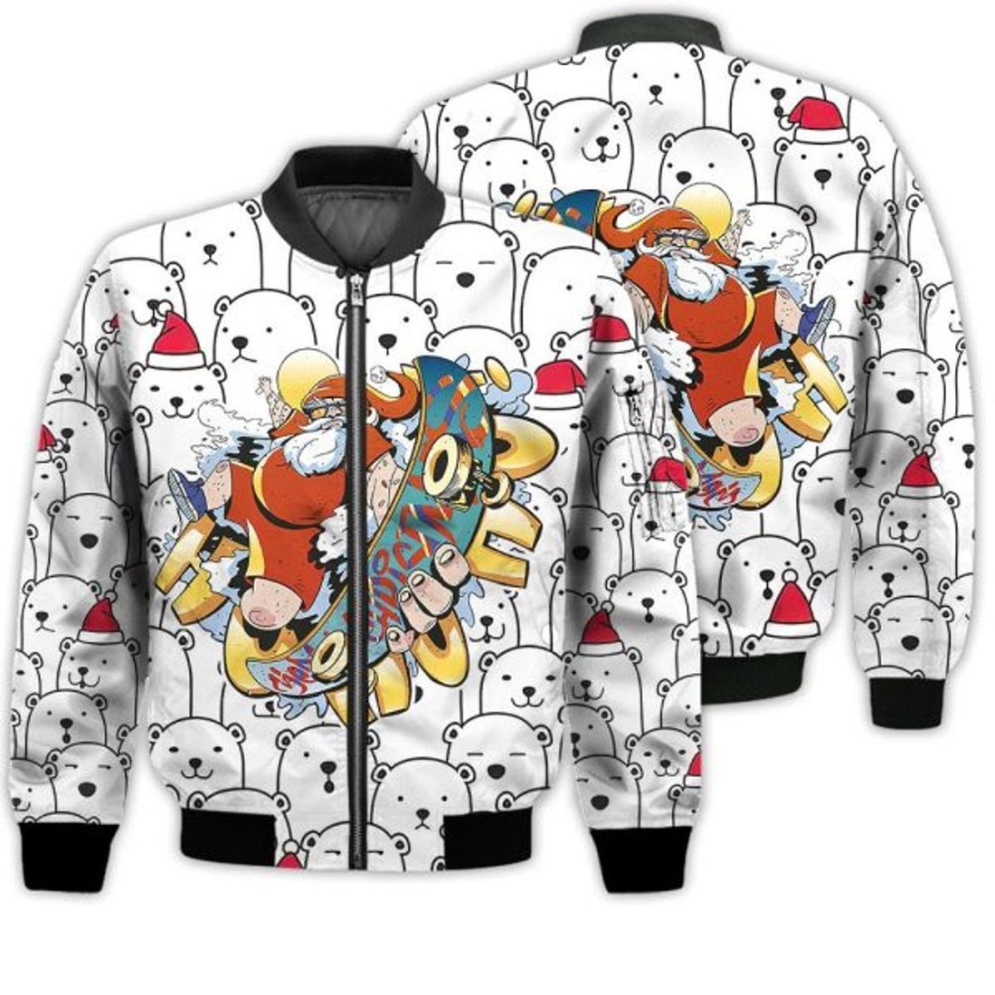 FUNSTUFFPRINTI Merry Christmas Santa Claus Skateboarding Retro Christmas Holiday Gifts Unisex 3D Bomber Bomber Jacket