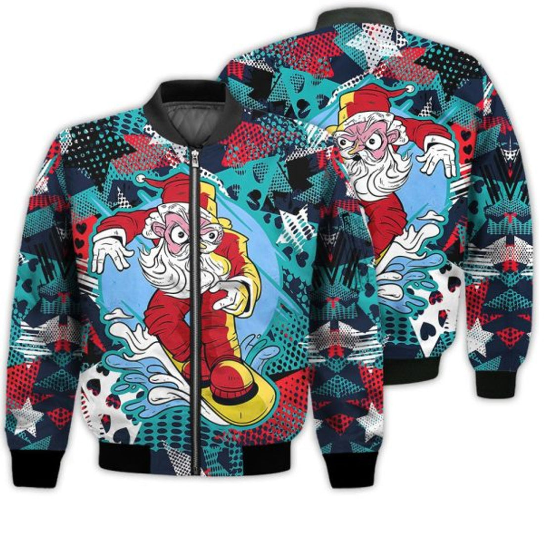 FUNSTUFFPRINTI Merry Christmas Santa Claus Snowboarding Retro Christmas Holiday Gifts Unisex 3D Bomber Bomber Jacket