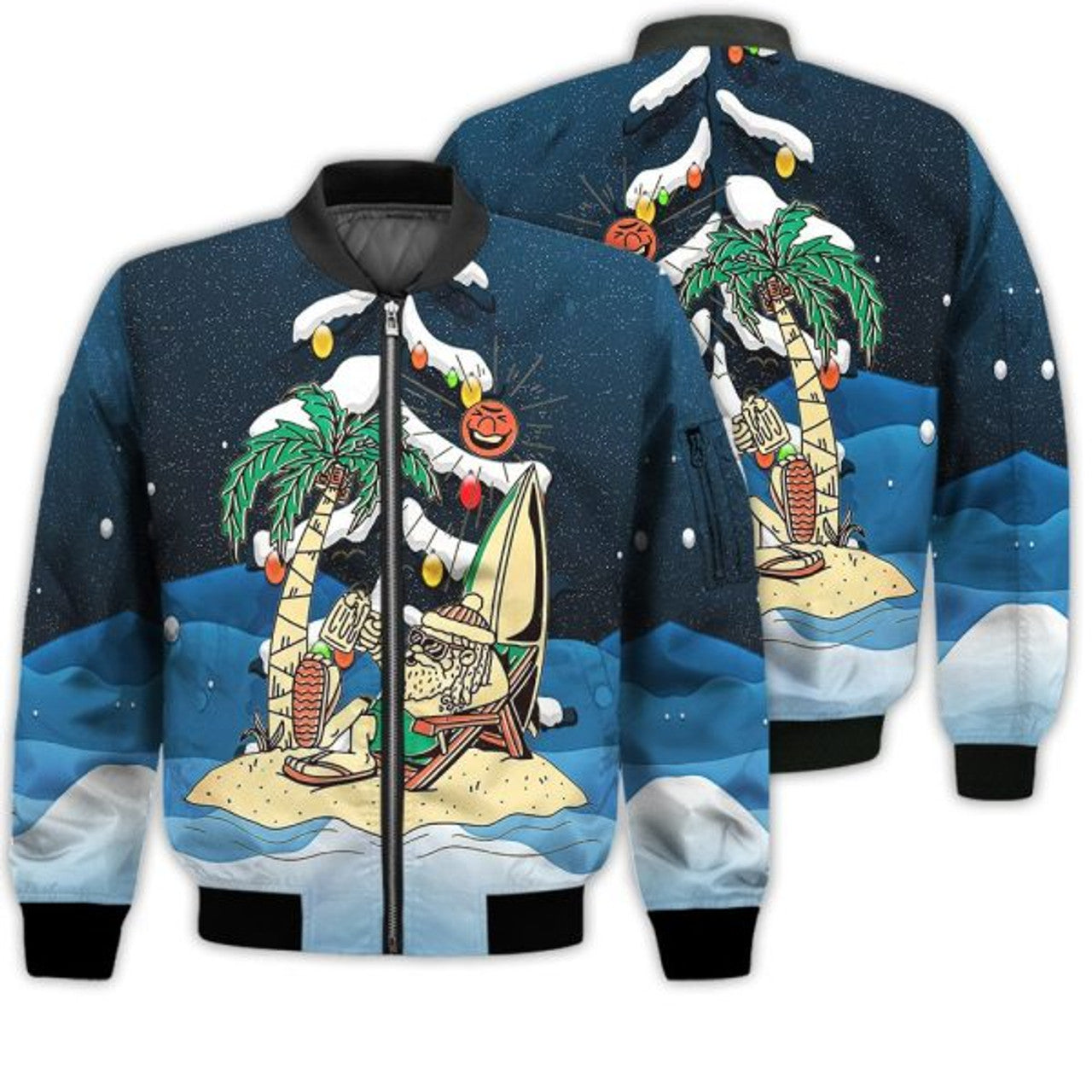 FUNSTUFFPRINTI Merry Christmas Santa Claus Summer Beach Retro Christmas Holiday Gifts Unisex 3D Bomber Bomber Jacket