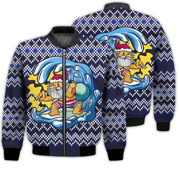 FUNSTUFFPRINTI Merry Christmas Santa Claus Surfing Retro Christmas Holiday Gifts Unisex 3D Bomber Bomber Jacket