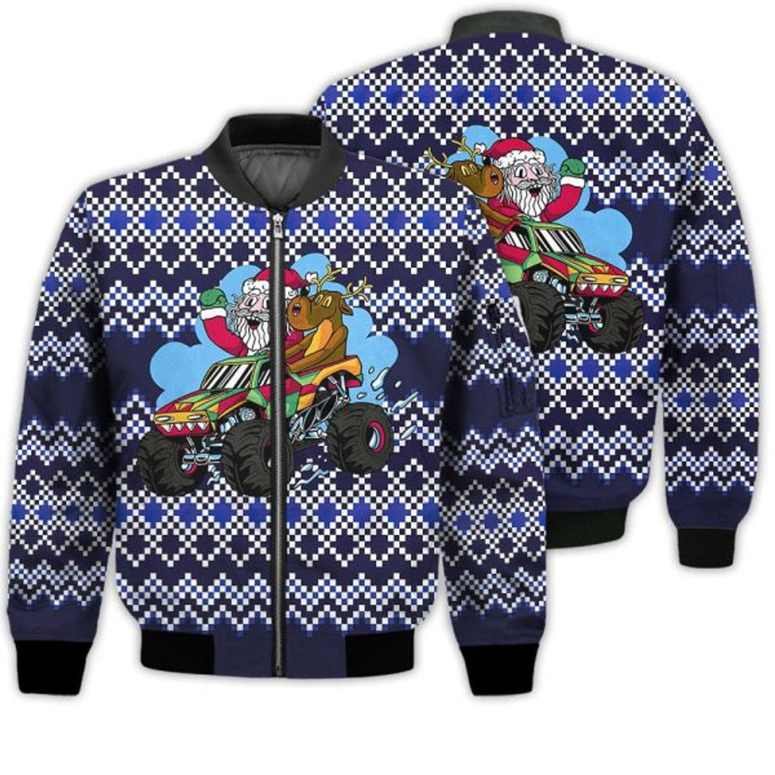 FUNSTUFFPRINTI Merry Christmas Santa Riding A Monster Truck Retro Christmas Holiday Gifts Unisex 3D Bomber Bomber Jacket