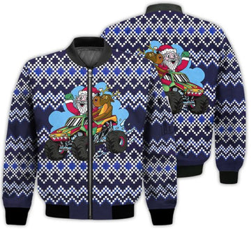 FUNSTUFFPRINTI Merry Christmas Santa Riding A Monster Truck Retro Christmas Holiday Gifts Unisex 3D Bomber Bomber Jacket