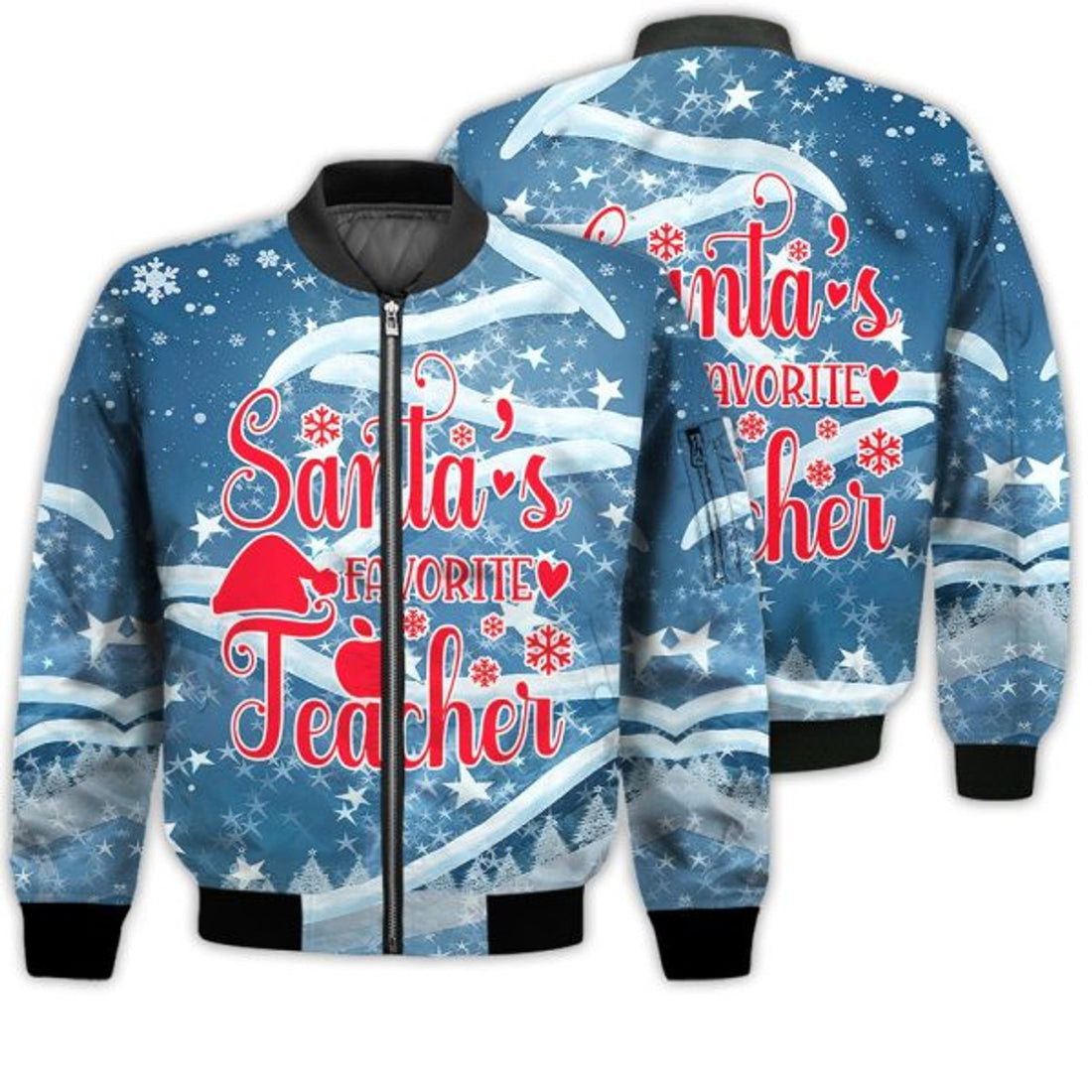 FUNSTUFFPRINTI Merry Christmas Santa's Favorite Teacher Retro Christmas Holiday Gifts Unisex 3D Bomber Bomber Jacket