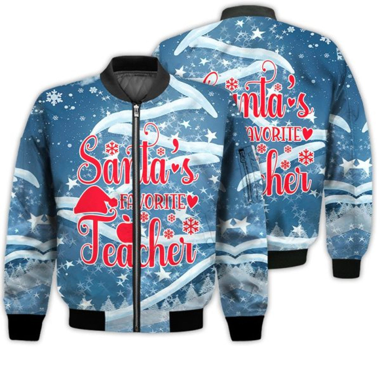 FUNSTUFFPRINTI Merry Christmas Santa's Favorite Teacher Retro Christmas Holiday Gifts Unisex 3D Bomber Bomber Jacket