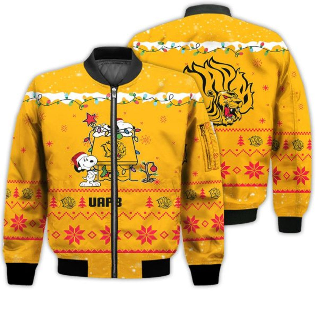 FUNSTUFFPRINTI Merry Christmas Season Arkansas PB Golden Lions Snoopy 3D Bomber Bomber Jacket