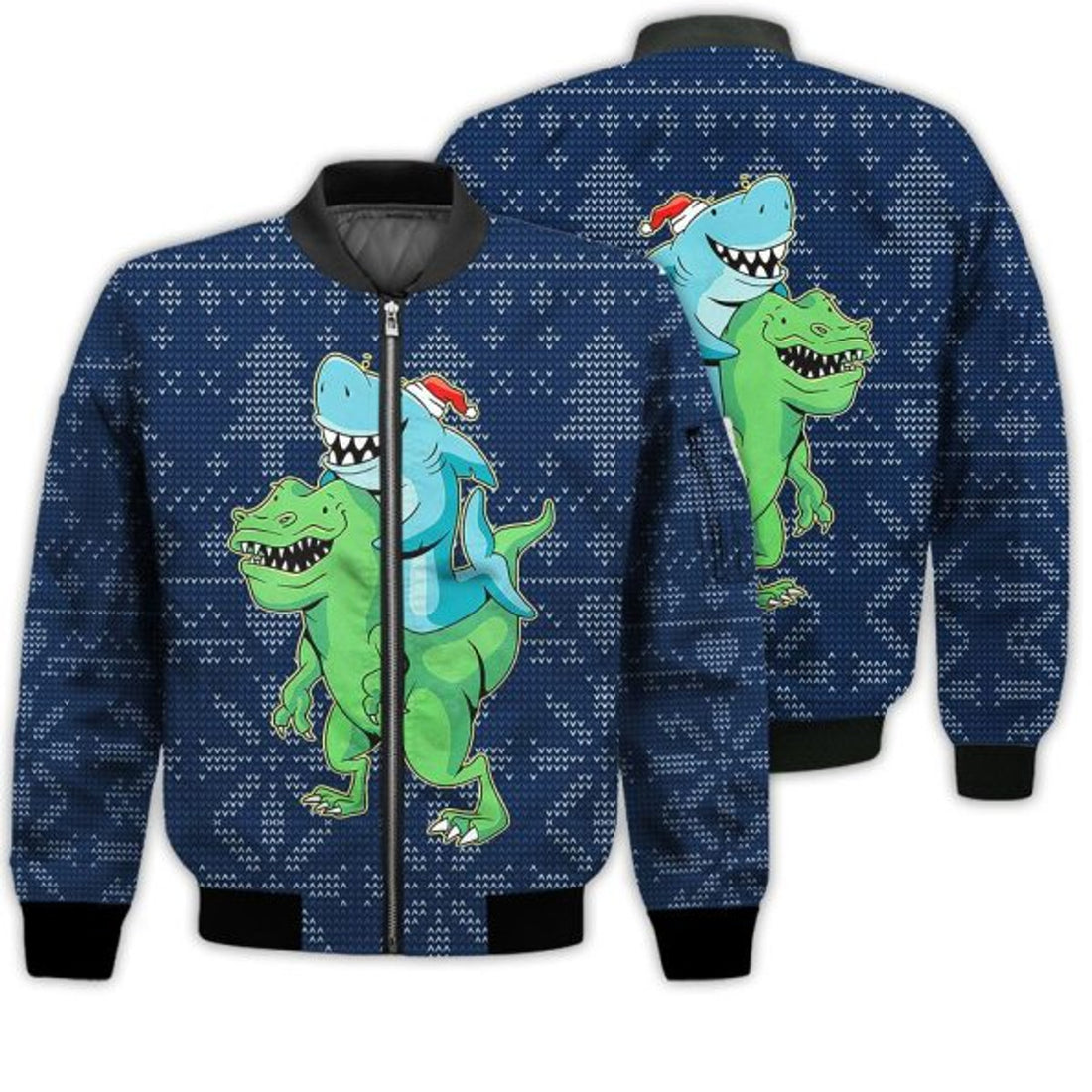 FUNSTUFFPRINTI Merry Christmas Shark And T-rex Christmas Retro Christmas Holiday Gifts Unisex 3D Bomber Bomber Jacket