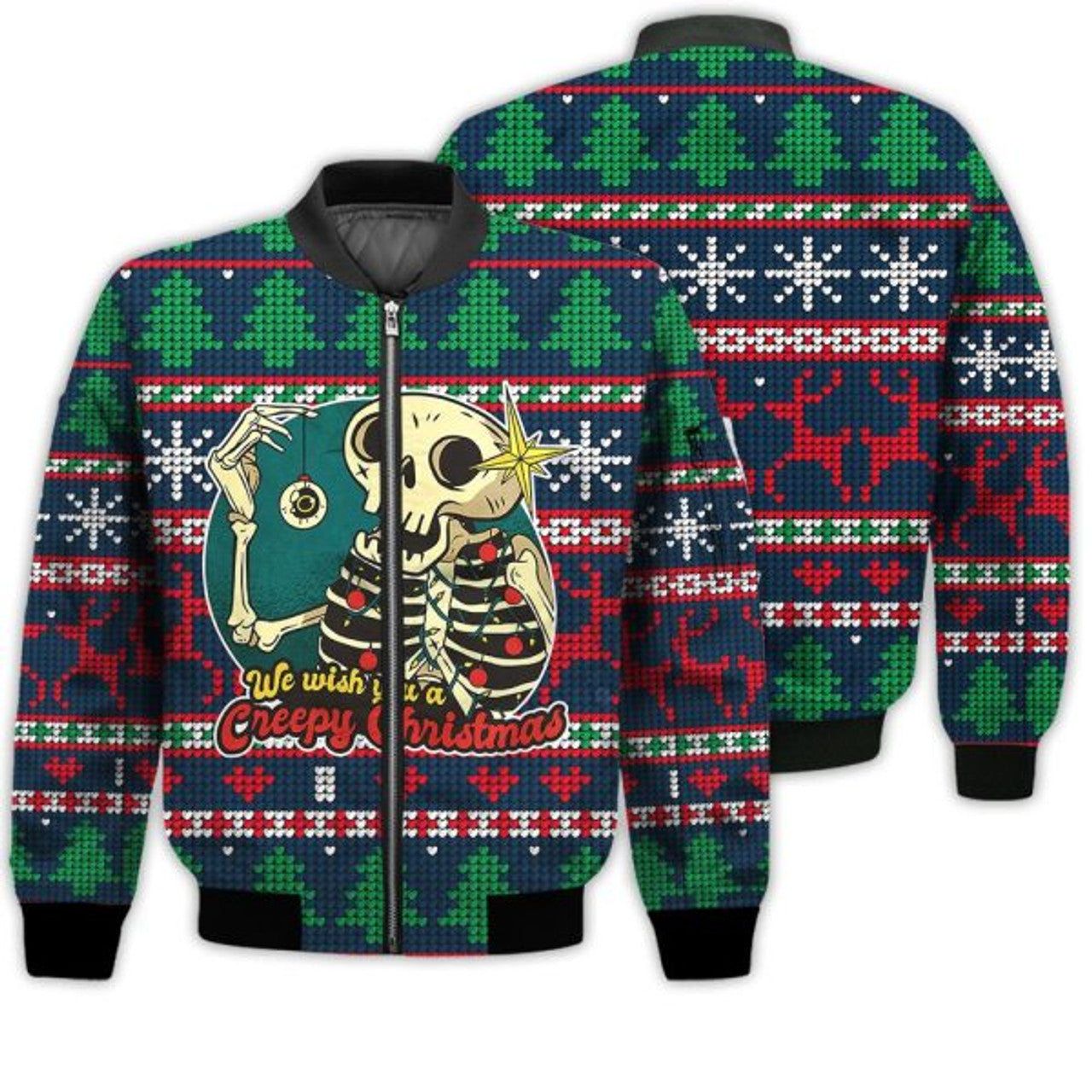 FUNSTUFFPRINTI Merry Christmas Skeleton Christmas Retro Christmas Holiday Gifts Unisex 3D Bomber Jacket