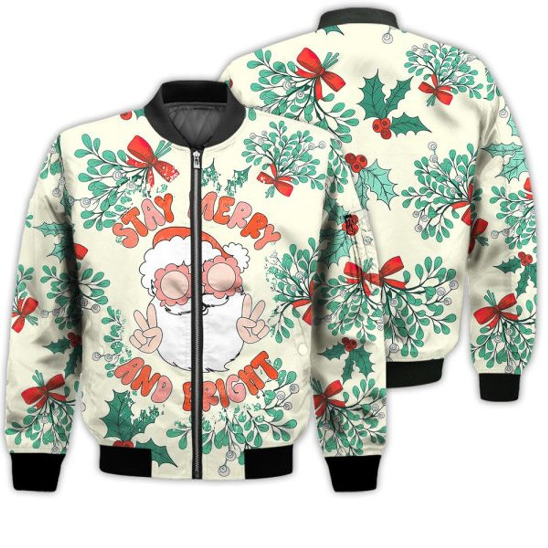FUNSTUFFPRINTI Merry Christmas Stay Merry And Bright Groovy Retro Christmas Holiday Gifts Unisex 3D Bomber Jacket