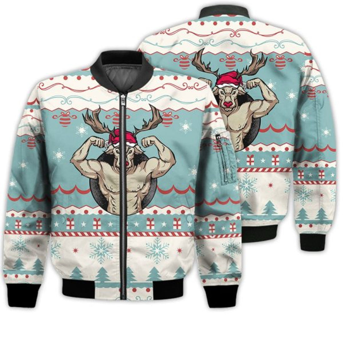 FUNSTUFFPRINTI Merry Christmas Strong Reindeer Retro Christmas Holiday Gifts Unisex 3D Bomber Jacket