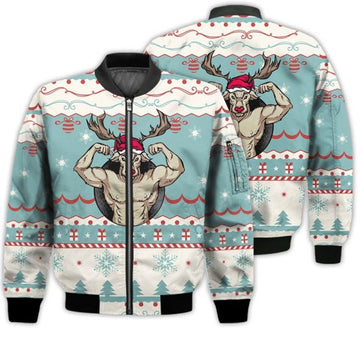 FUNSTUFFPRINTI Merry Christmas Strong Reindeer Retro Christmas Holiday Gifts Unisex 3D Bomber Jacket