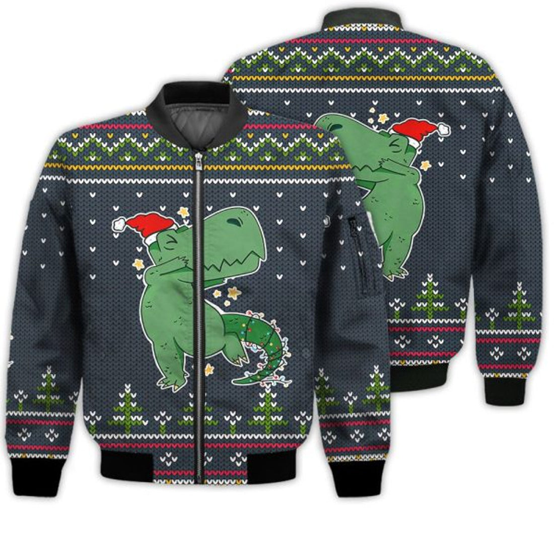 FUNSTUFFPRINTI Merry Christmas T-rex Funny Retro Christmas Holiday Gifts Unisex 3D Bomber Jacket