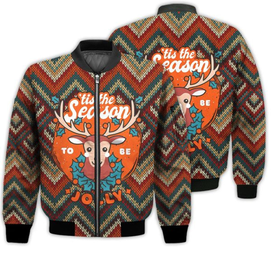 FUNSTUFFPRINTI Merry Christmas Tis The Season To Be Jolly Reindeer Retro Christmas Holiday Gifts Unisex 3D Bomber Jacket