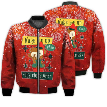 FUNSTUFFPRINTI Merry Christmas Wake Me Up When It's Christmas Retro Christmas Holiday Gifts Unisex 3D Bomber Jacket