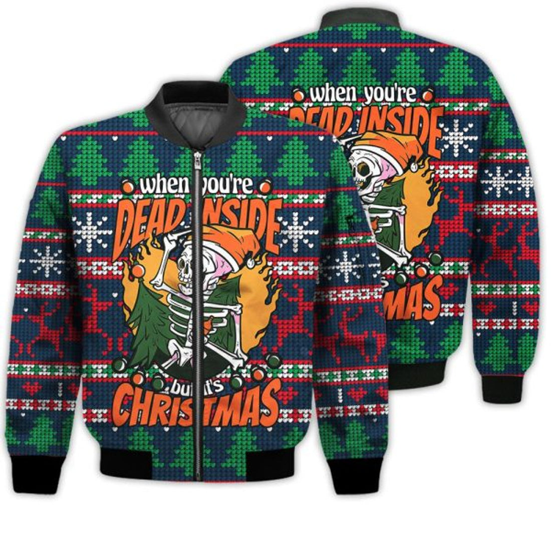 FUNSTUFFPRINTI Merry Christmas When You're Dead Inside But It's Christmas Retro Christmas Holiday Gifts Unisex 3D Bomber Jacket