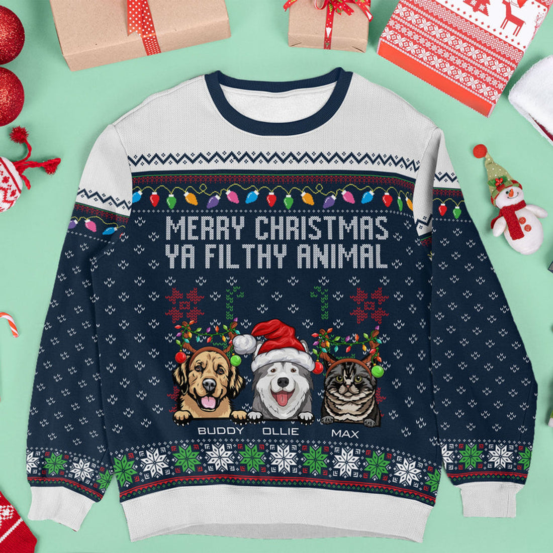 FUNSTUFFPRINT Custom Merry Christmas Ya Filthy Animal Ugly Sweater