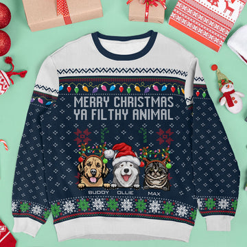 FUNSTUFFPRINT Custom Merry Christmas Ya Filthy Animal Ugly Sweater