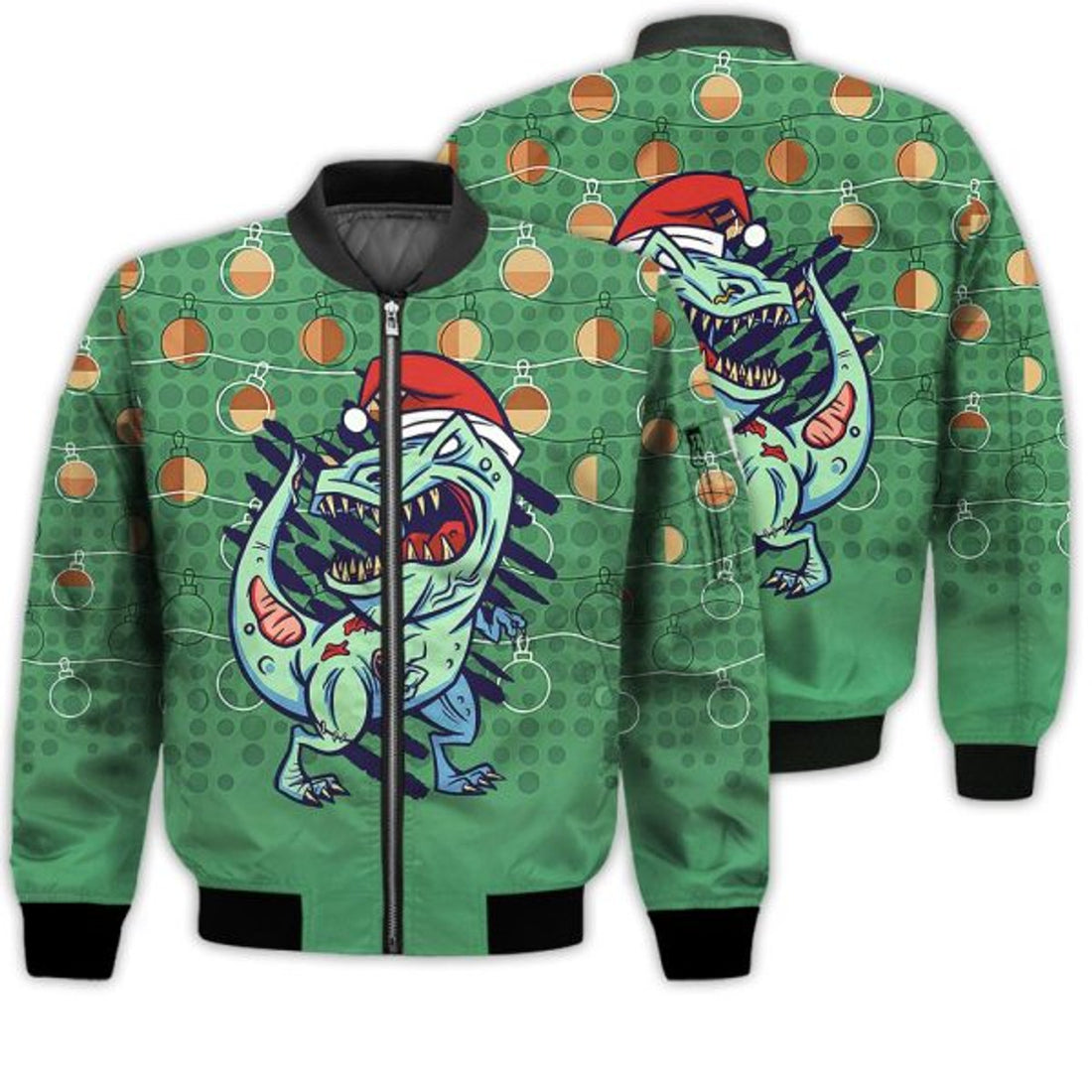 FUNSTUFFPRINTI Merry Christmas Zombie T-rex Dinosaur Retro Christmas Holiday Gifts Unisex 3D Bomber Jacket