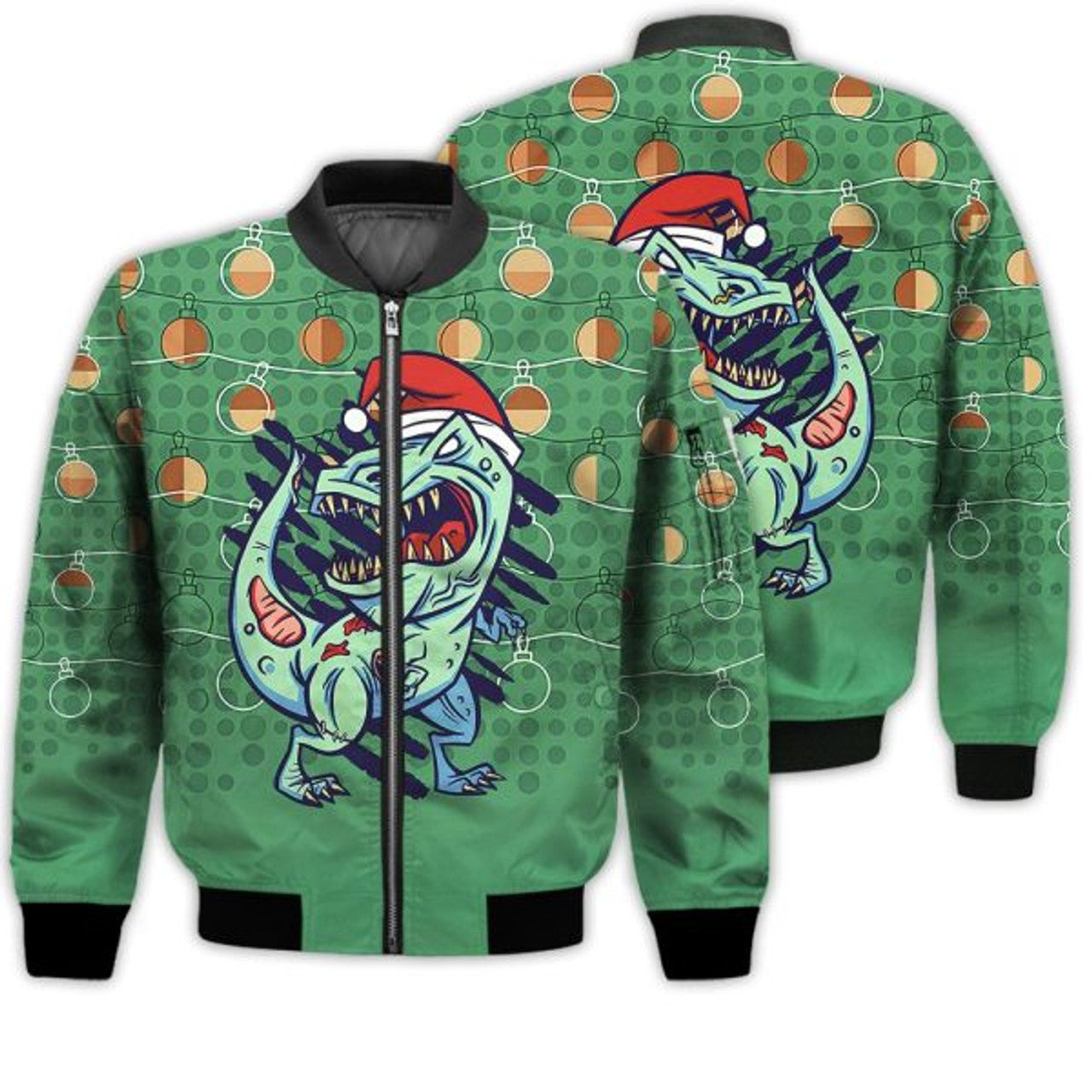 FUNSTUFFPRINTI Merry Christmas Zombie T-rex Dinosaur Retro Christmas Holiday Gifts Unisex 3D Bomber Jacket