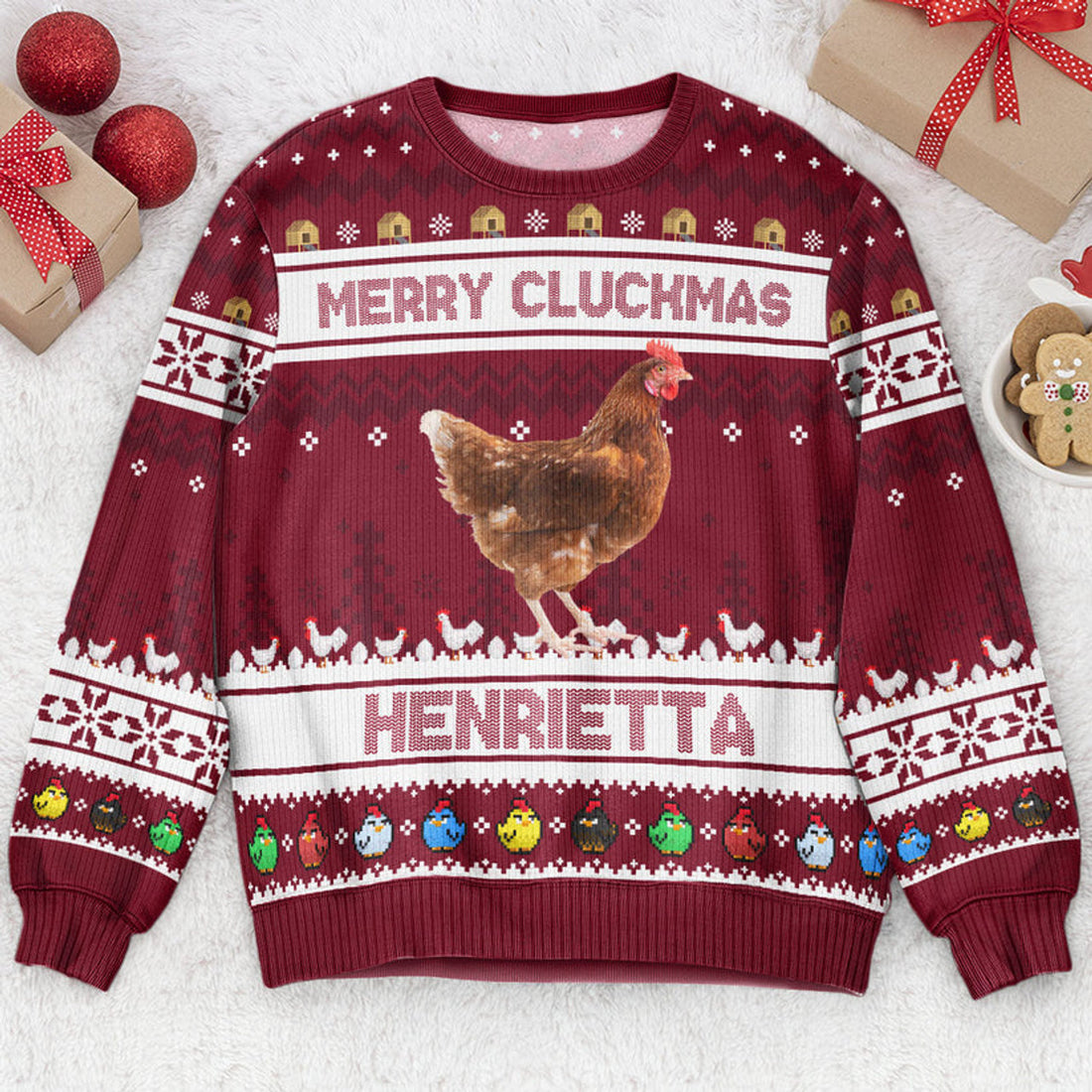 FUNSTUFFPRINT Custom Merry Cluckmas Chicken Farmers Clucker Bird Ugly Sweater