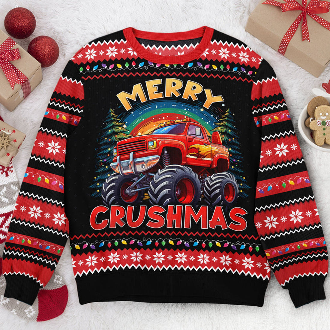 FUNSTUFFPRINT Custom Merry Crushmas Monster Truck Christmas For Kids Ugly Sweater