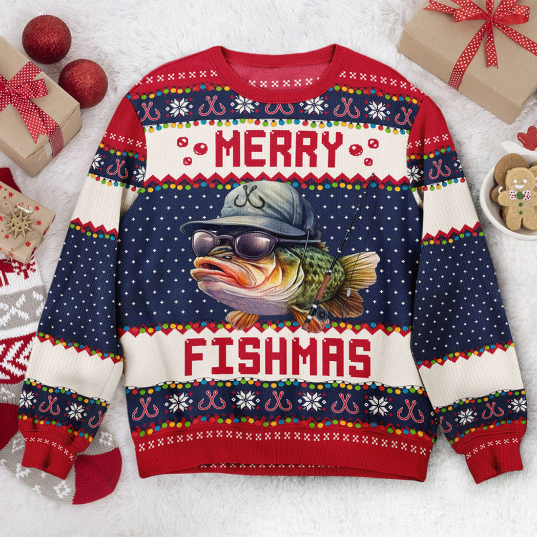 FUNSTUFFPRINT Custom  Merry Fishmas For Fishing Dad, Grandpa Ugly  Sweater
