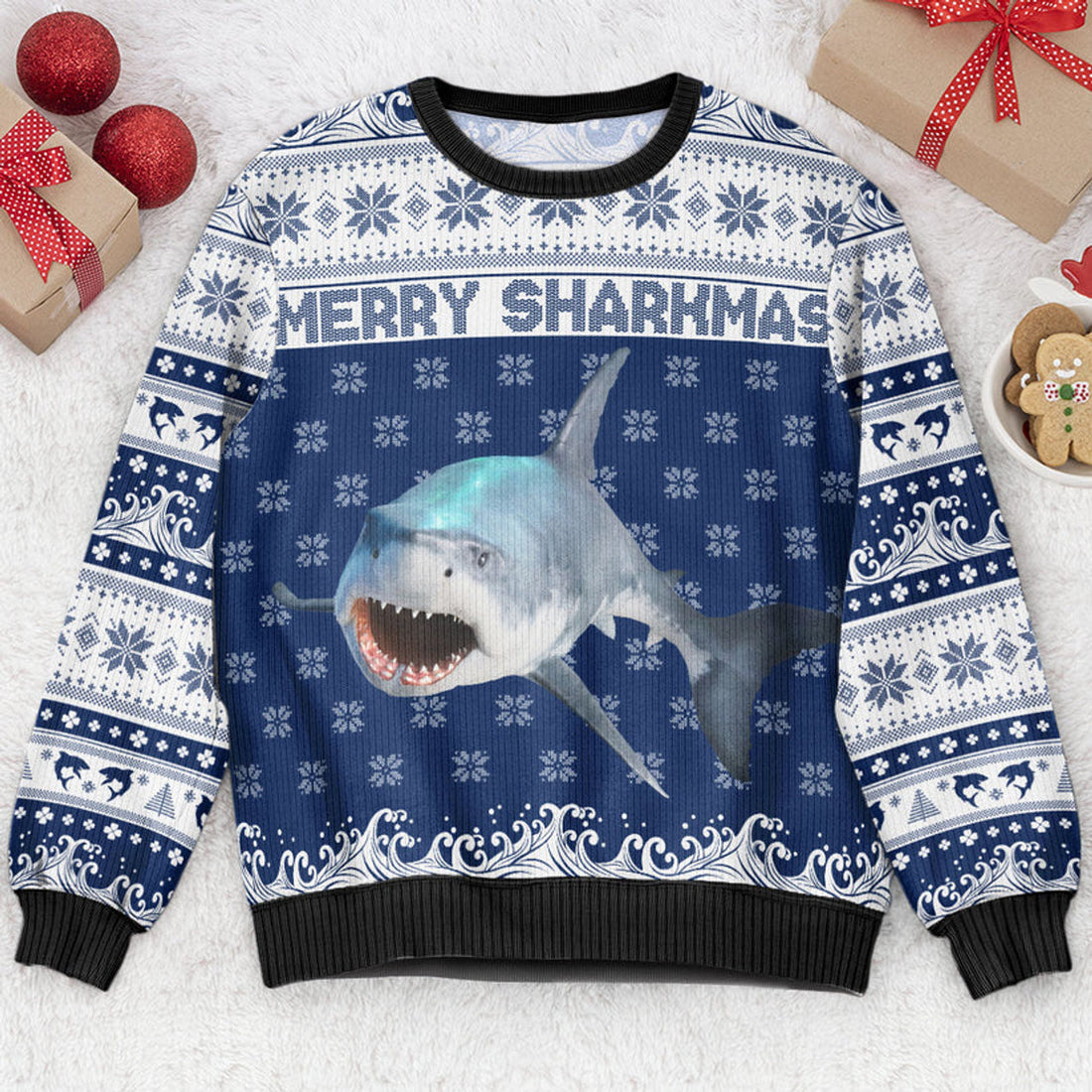 FUNSTUFFPRINT Custom Merry Sharkmas Ugly Sweater