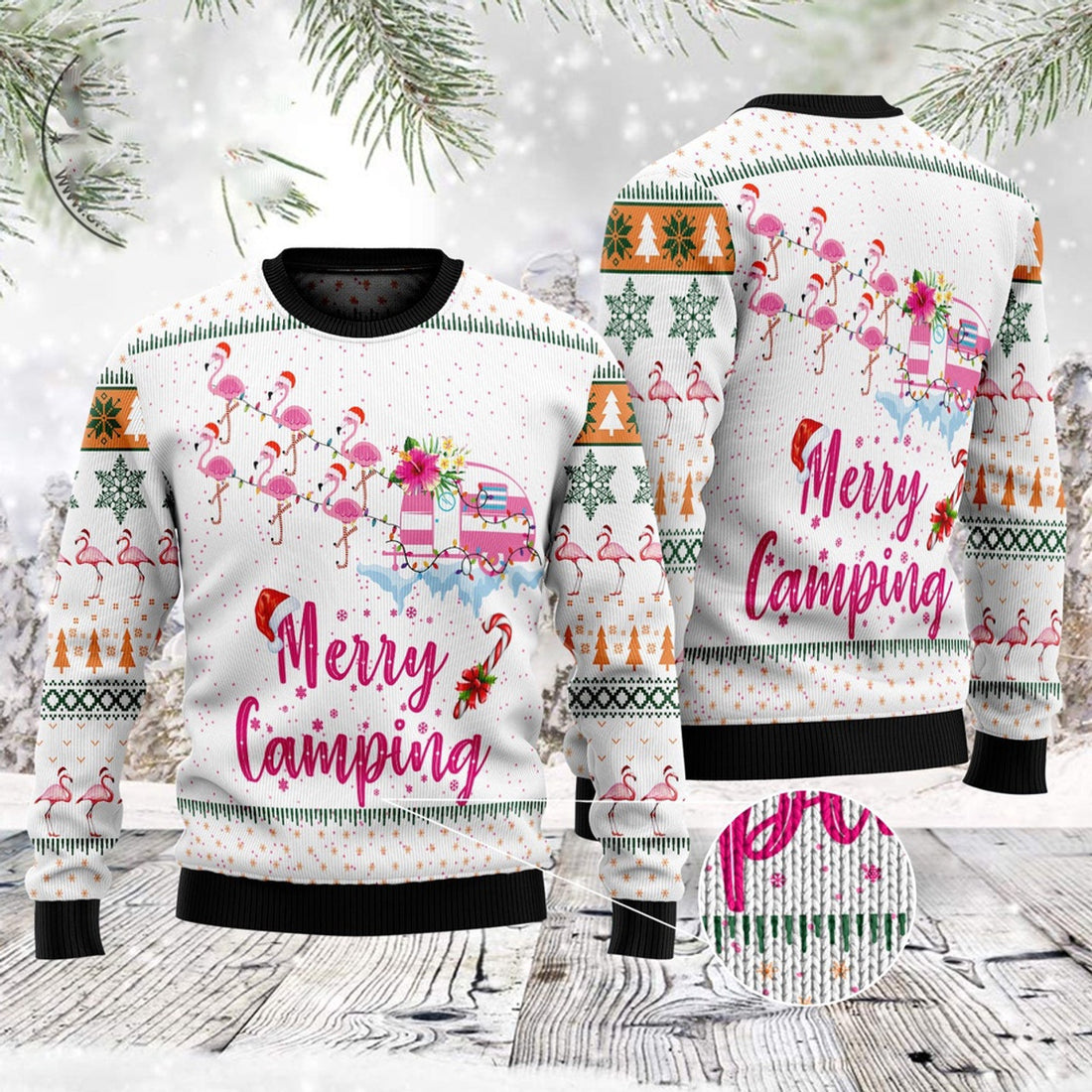 FUNSTUFFPRINT Merry Camping Flamingo Ugly Christmas Sweater, Christmas Sweater, Ugly Sweater, Funny Xmas Sweaters Ugly Sweater