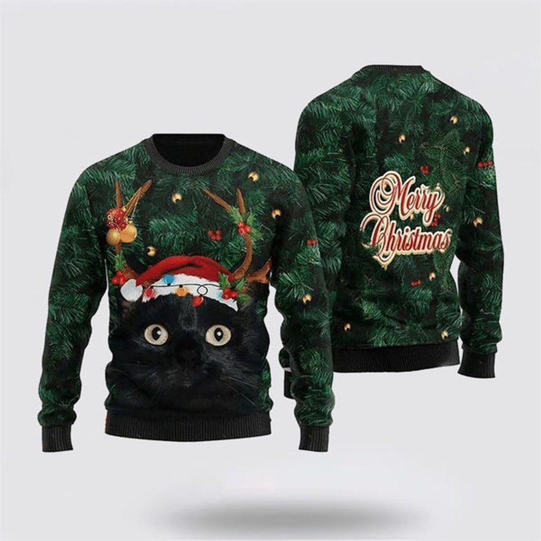 FUNSTUFFPRINT Merry Christmas Black Cat In Pine Tree Ugly Christmas Sweater For Men And Women, Best Gift For Christmas, Christmas Fashion Winter  Ugly  Sweater