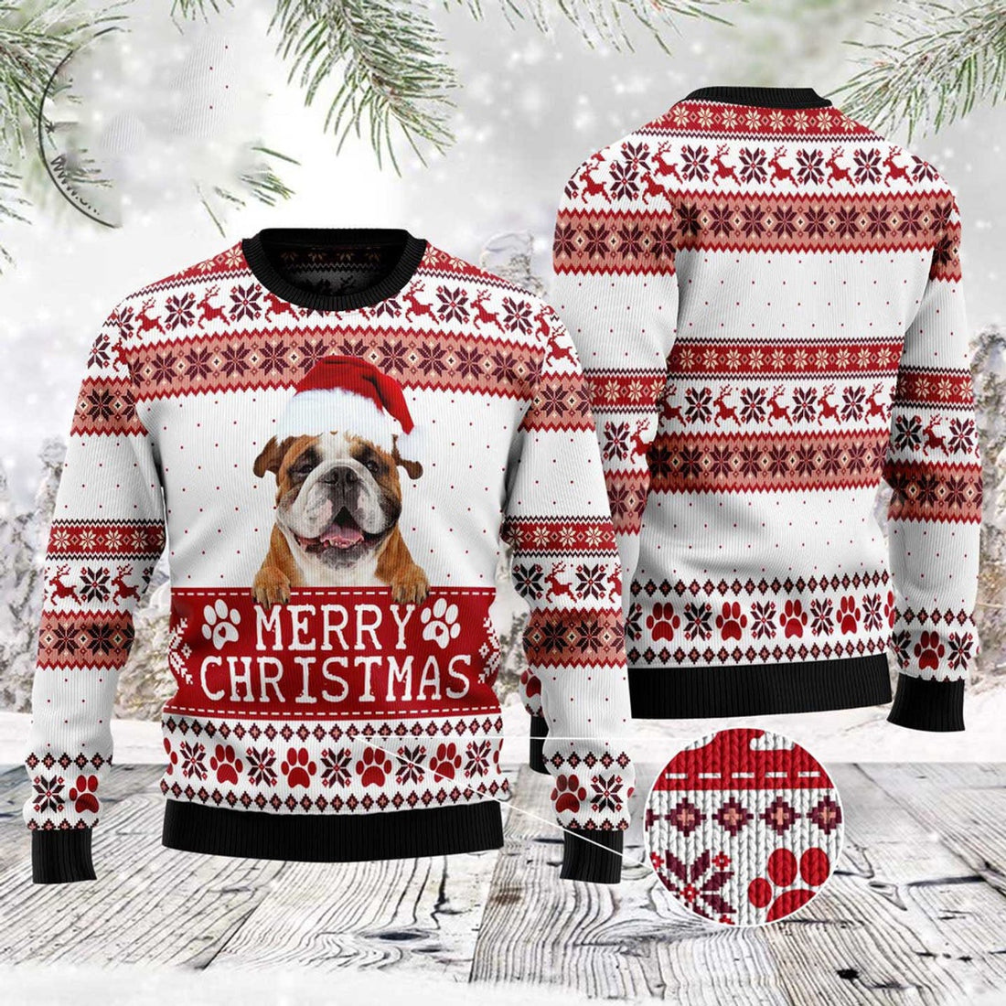 FUNSTUFFPRINT Merry Christmas Cute Bulldog Ugly Christmas Sweater, Dog Ugly Christmas Sweater, Ugly Dog Sweaters Ugly  Sweater