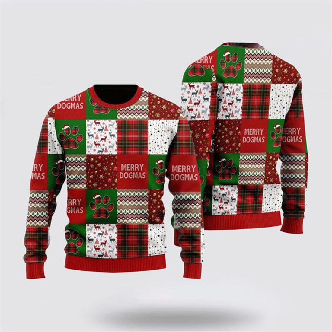 FUNSTUFFPRINT Merry Dogmas Paws Patchwork Pattern Ugly Christmas Sweater For Men And Women, Gift For Christmas, Best Winter Christmas Outfit Ugly Sweater