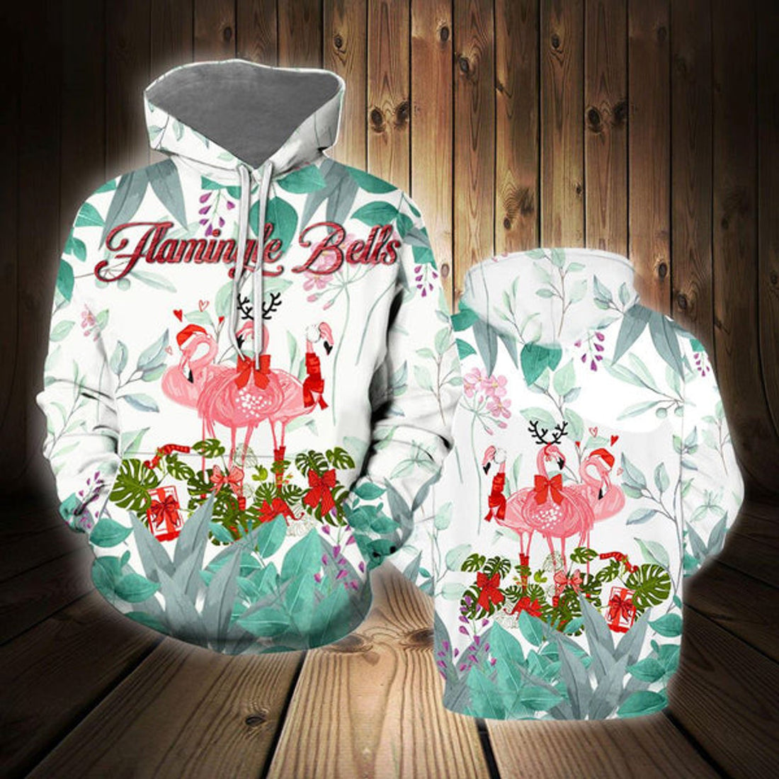 FUNSTUFFPRINT 3D Merry Flamingo On Christmas Day All Over 3D Hoodie and Zip Hoodie