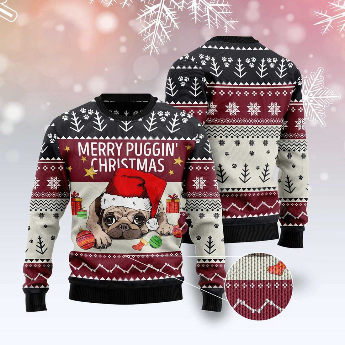 FUNSTUFFPRINT Merry Puggin Christmas Funny Ugly Christmas Sweater, Dog Ugly Christmas Sweater, Ugly Dog Sweaters Ugly  Sweater