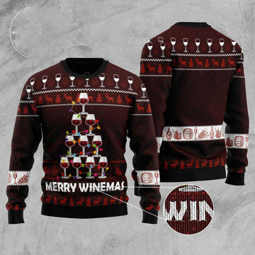 FUNSTUFFPRINT Merry Winemas Christmas Tree Ugly Christmas Sweater, Xmas Tree Sweater, Christmas Sweater Ugly  Sweater