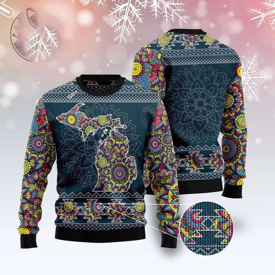 FUNSTUFFPRINT Michigan Blue Mandala Ugly Christmas Sweater, Christmas Sweater, Ugly Sweater, Funny Xmas Sweaters Ugly Sweater