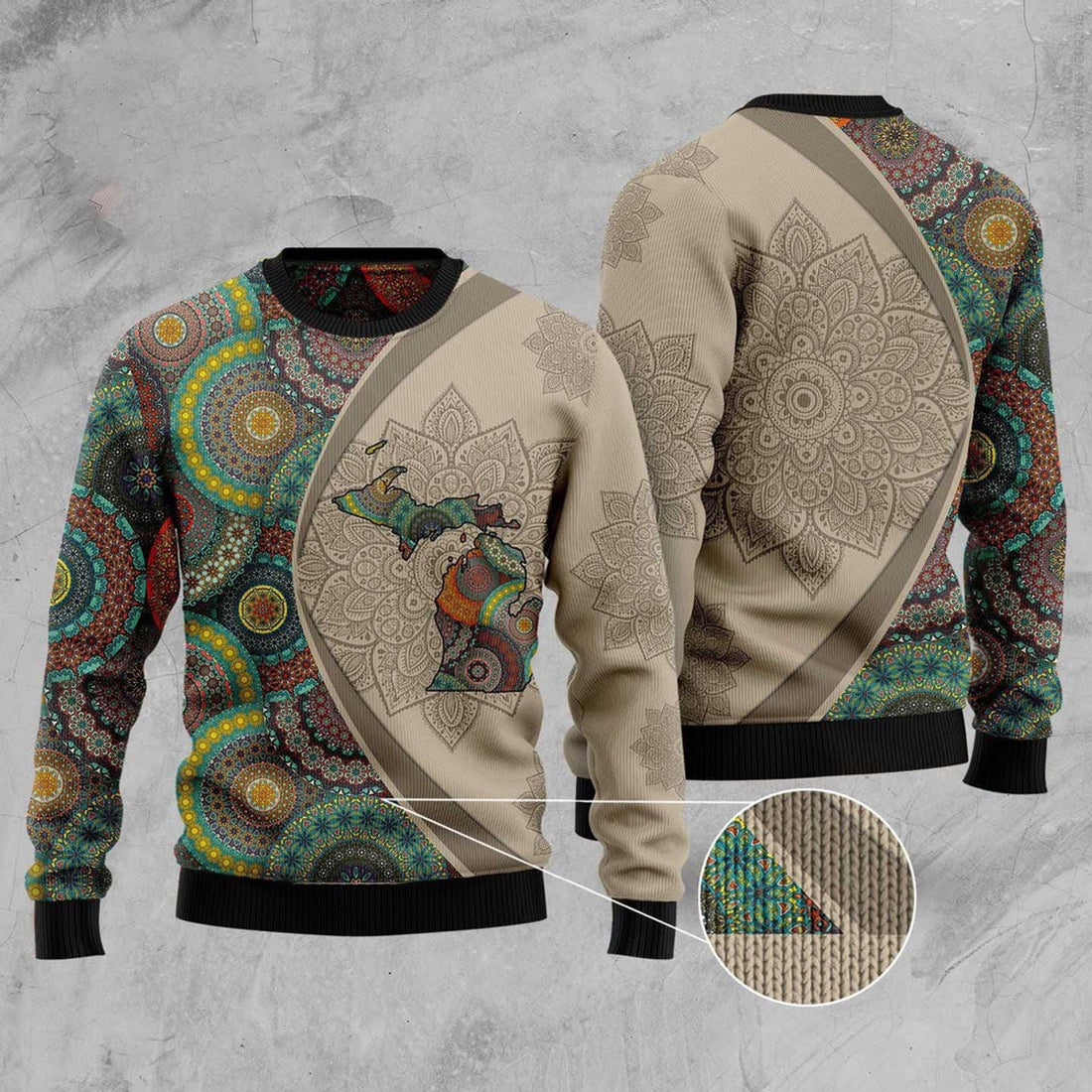 FUNSTUFFPRINT Michigan Mandala Funny Ugly Christmas Sweater, Christmas Sweater, Ugly Sweater, Funny Xmas Sweaters Ugly Sweater