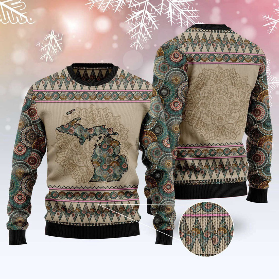 FUNSTUFFPRINT Michigan Mandala Ugly Christmas Sweater, Christmas Sweater, Ugly Sweater, Funny Xmas Sweaters Ugly Sweater