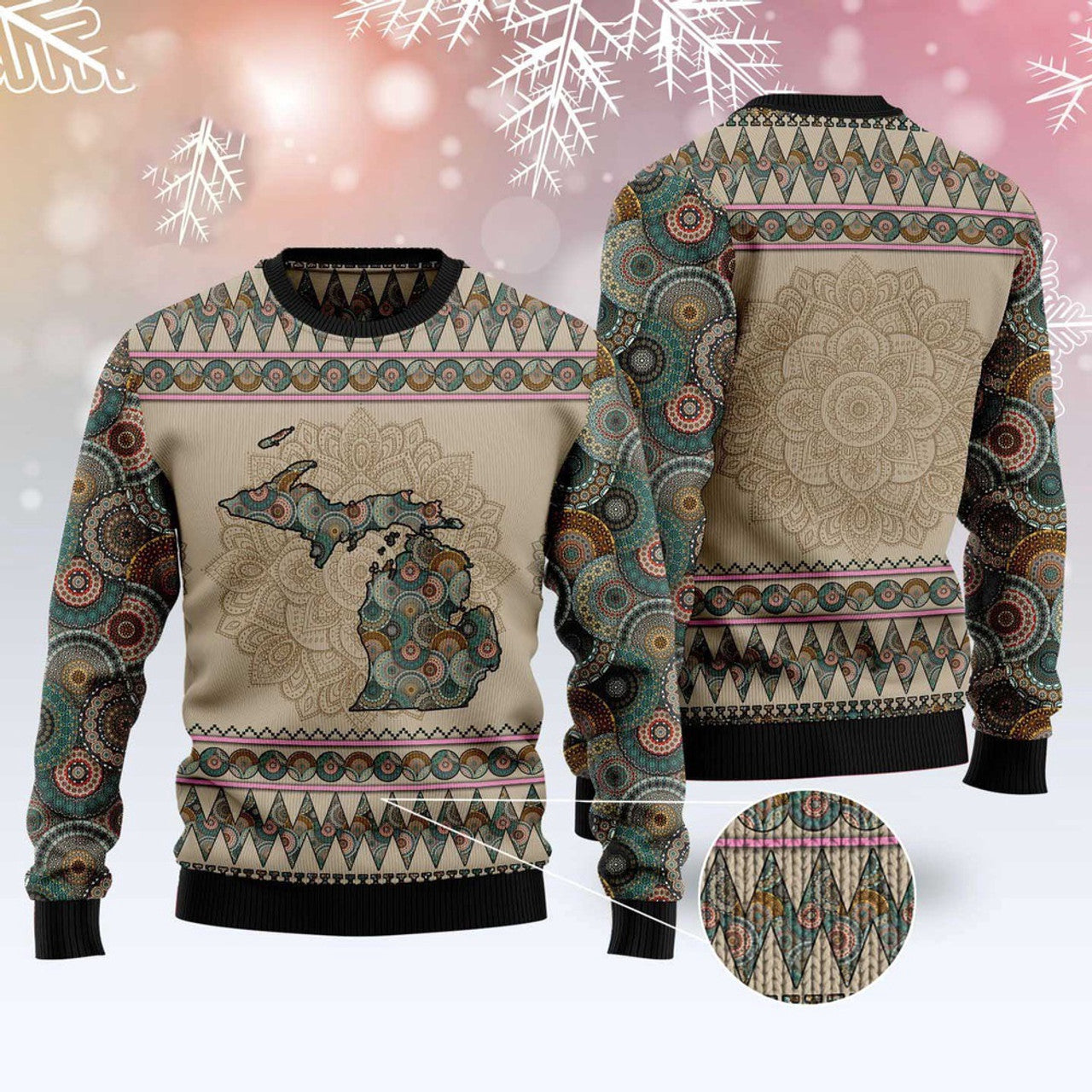 FUNSTUFFPRINT Michigan Mandala Ugly Christmas Sweater, Christmas Sweater, Ugly Sweater, Funny Xmas Sweaters Ugly Sweater