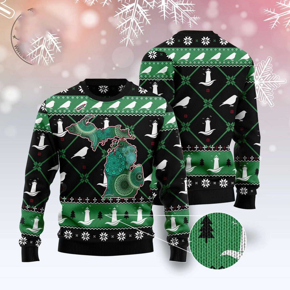 FUNSTUFFPRINT Michigan Usa Symbols Pattern Ugly Christmas Sweater, Christmas Sweater, Ugly Sweater, Funny Xmas Sweaters Ugly Sweater