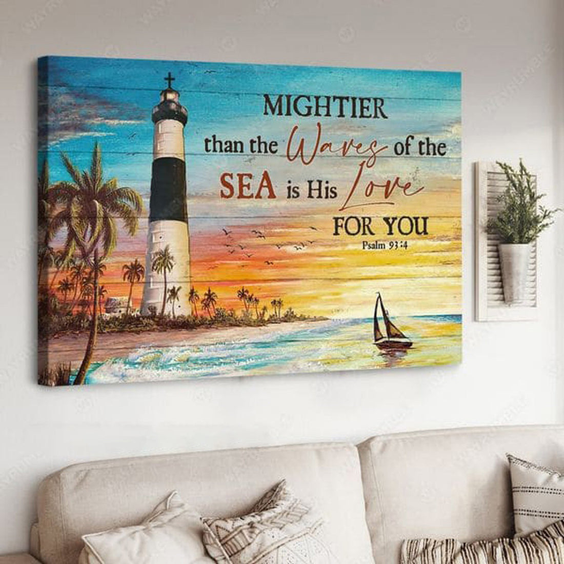Mightier Than The Waves Of The Sea Is His Love For You, Lighthouse Scenery Poster and Canvas
