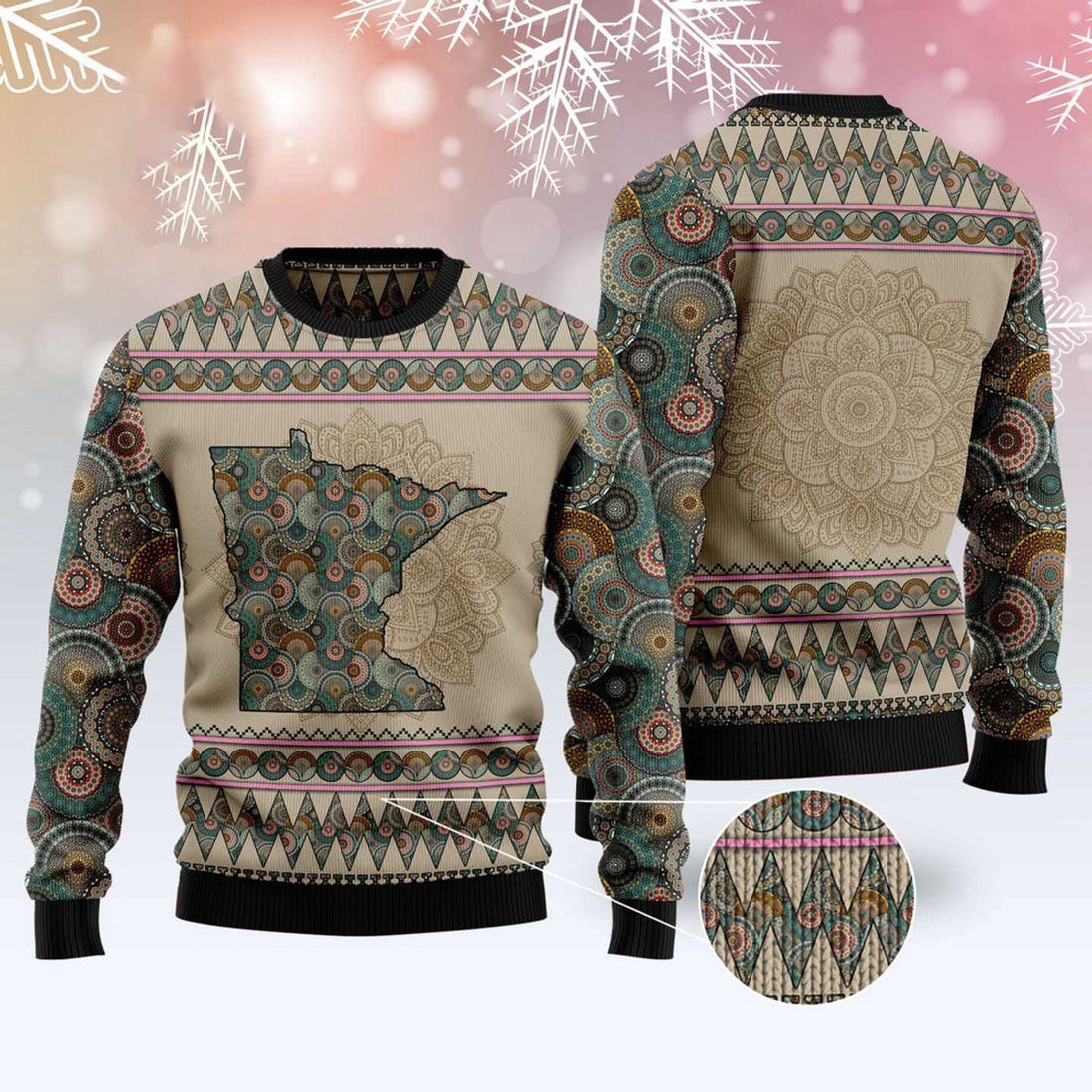 FUNSTUFFPRINT Minnesota Mandala Peace Ugly Christmas Sweater, Christmas Sweater, Ugly Sweater, Funny Xmas Sweaters Ugly Sweater