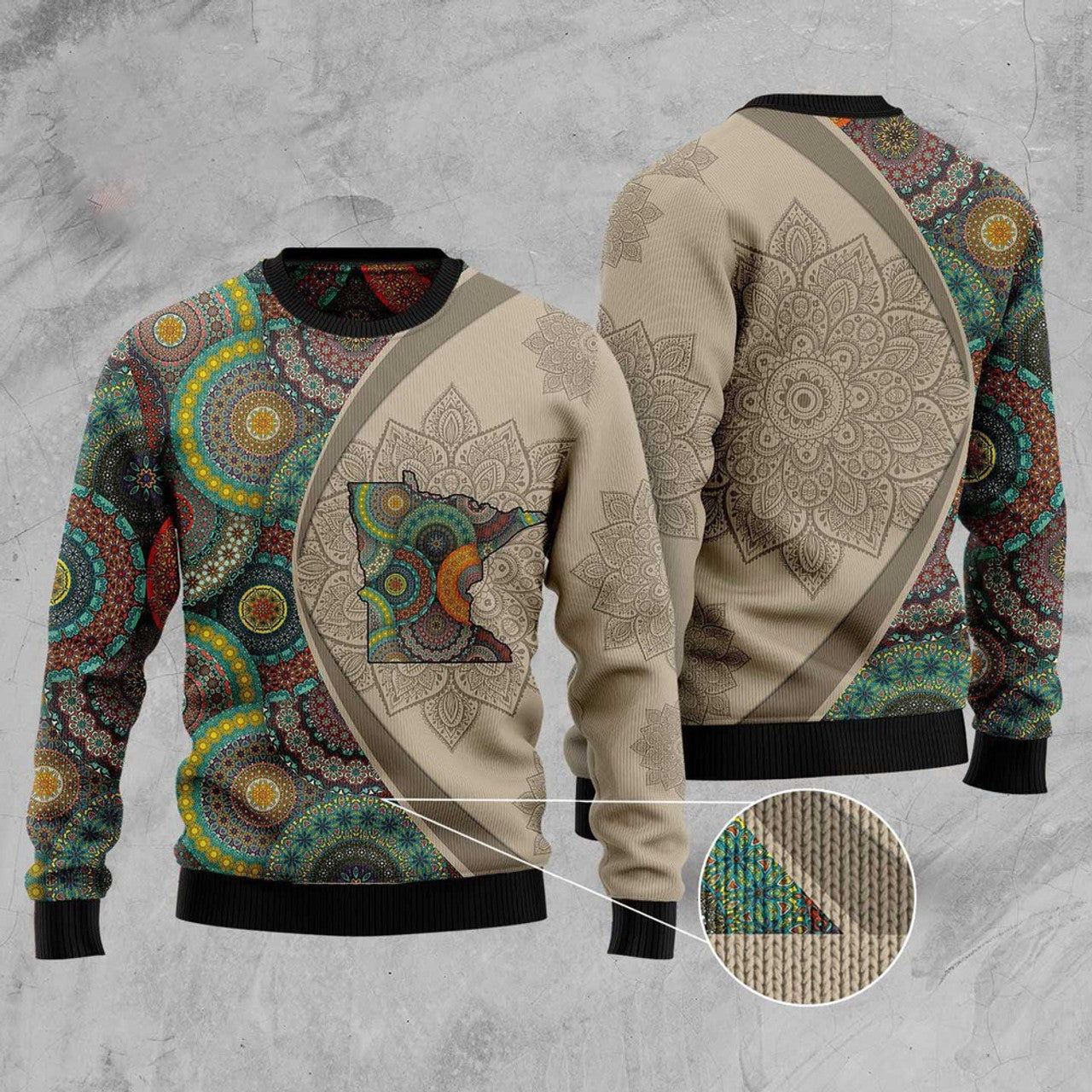 FUNSTUFFPRINT Minnesota Mandala Ugly Christmas Sweater, Christmas Sweater, Ugly Sweater, Funny Xmas Sweaters Ugly Sweater
