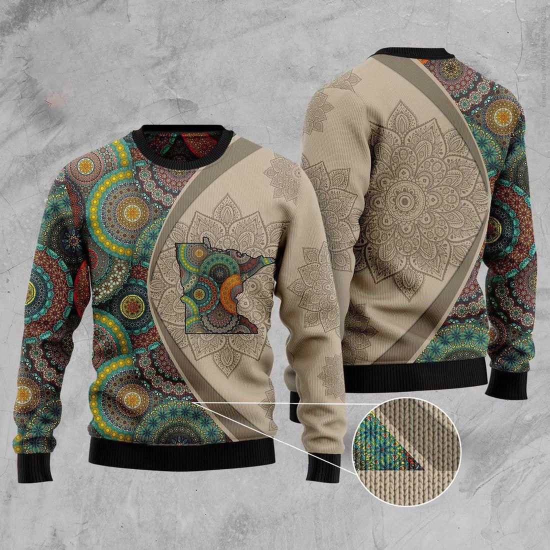 FUNSTUFFPRINT Minnesota Mandala Ugly Christmas Sweater, Christmas Sweater, Ugly Sweater, Funny Xmas Sweaters Ugly Sweater