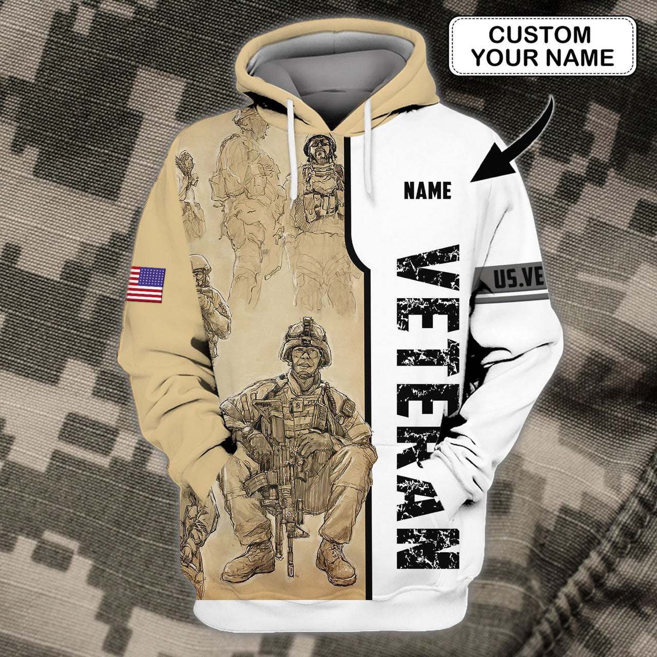 FUNSTUFFPRINT US Veteran - Personalized Name 3D Hoodie and Zip Hoodie